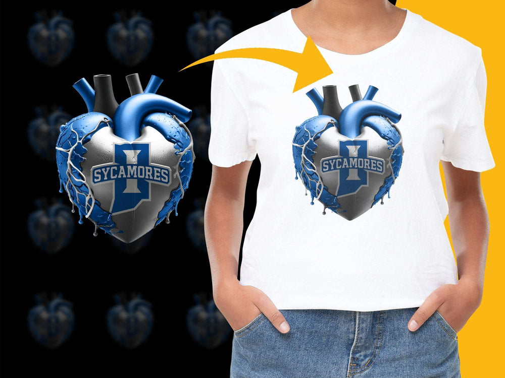 Sycamores Heart Graphic T-Shirt, Blue Silver School Spirit Tee, Unisex Sports Fan Apparel