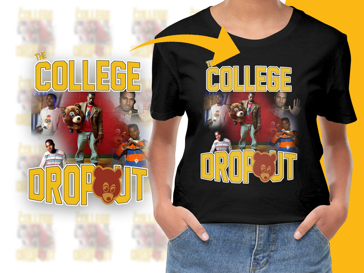 College Dropout Graphic T-Shirt, Vintage Inspired Retro Style, Unisex Casual Wear, Bold Colorful Design
