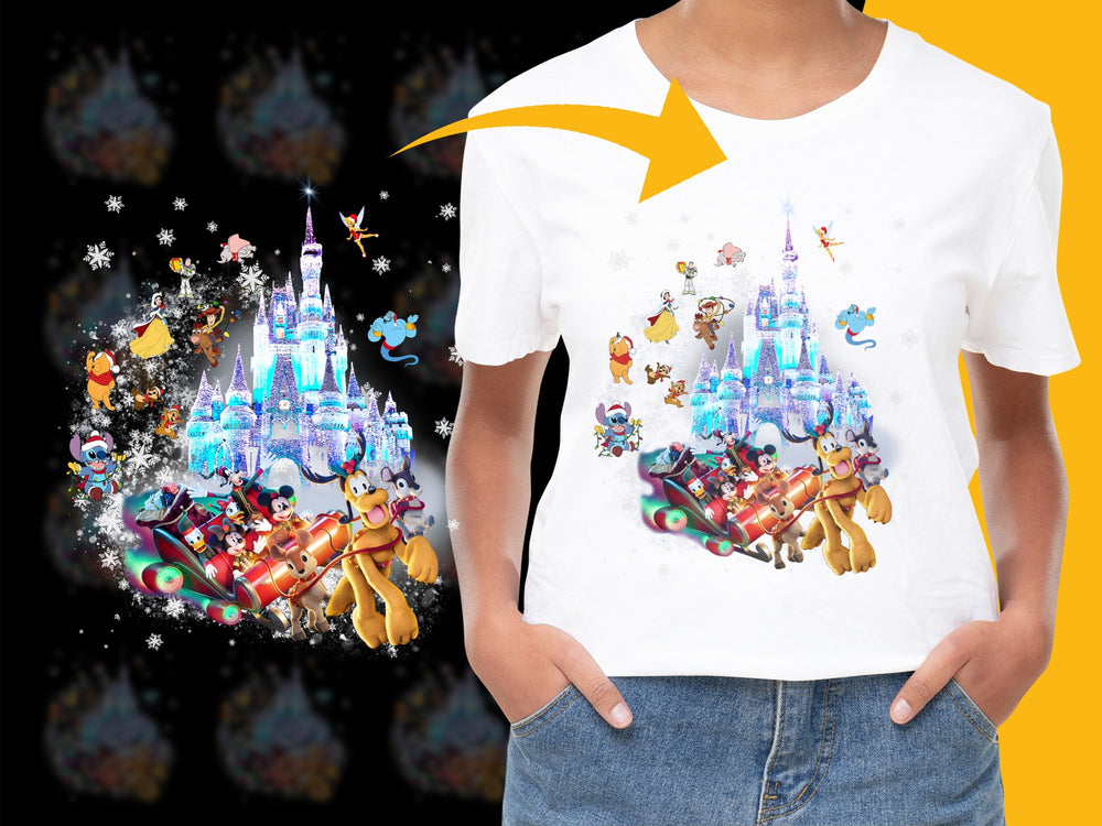 Kids White T-Shirt Disney Castle and Characters Graphic Tee Holiday Gift Idea