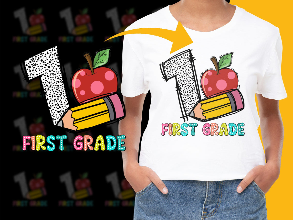 First Grade T-Shirt, Cute Apple and Books Design, Kids School Tee, Colorful Graphic Top for Back to School