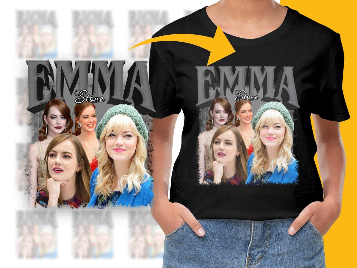 Emma Stone Fan T-Shirt, Custom Celebrity Photo Collage, Unique Graphic Tee, Fashionable Women's Clothing, Gift for Her