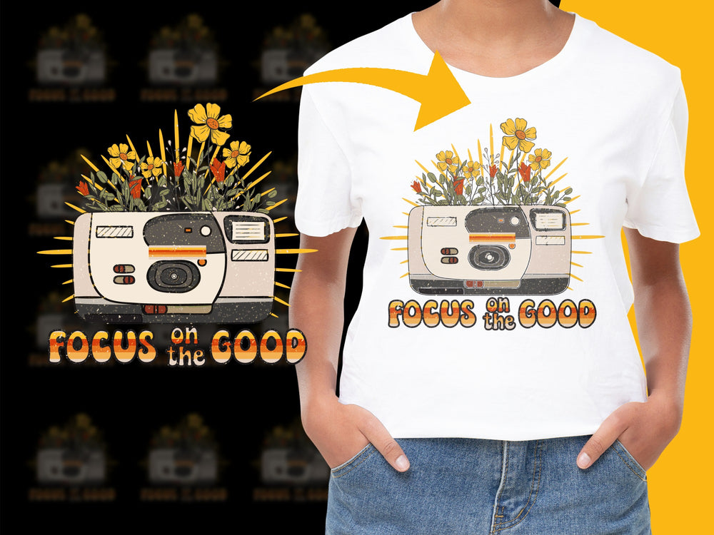 Focus on the Good T-Shirt, Vintage Camera Floral Design, Inspirational Quote Tee, Colorful Flowers Graphic Shirt