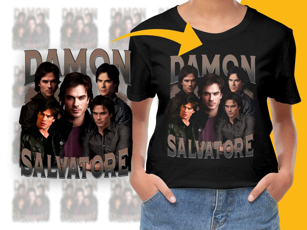 Damon Salvatore Graphic T-Shirt, Vampire TV Show Fan Merchandise, Black Tee with Collage Design, Unisex Clothing Gift