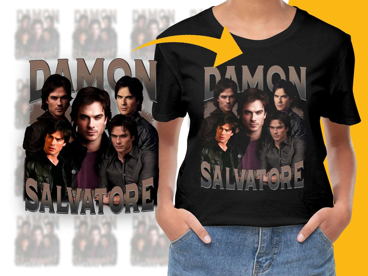 Damon Salvatore Graphic T-Shirt, Vampire TV Show Fan Merchandise, Black Tee with Collage Design, Unisex Clothing Gift