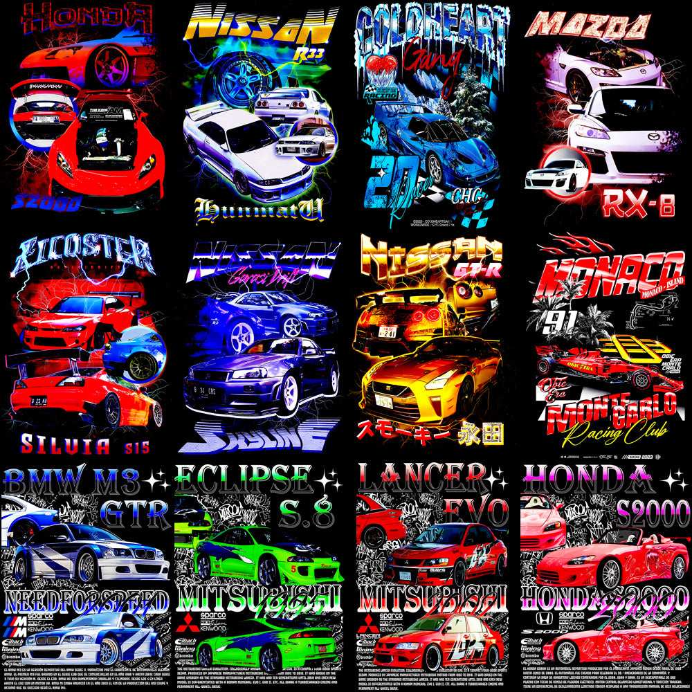15 Cars Best Bootleg Streetwear Halftone Designs Bundle PNG