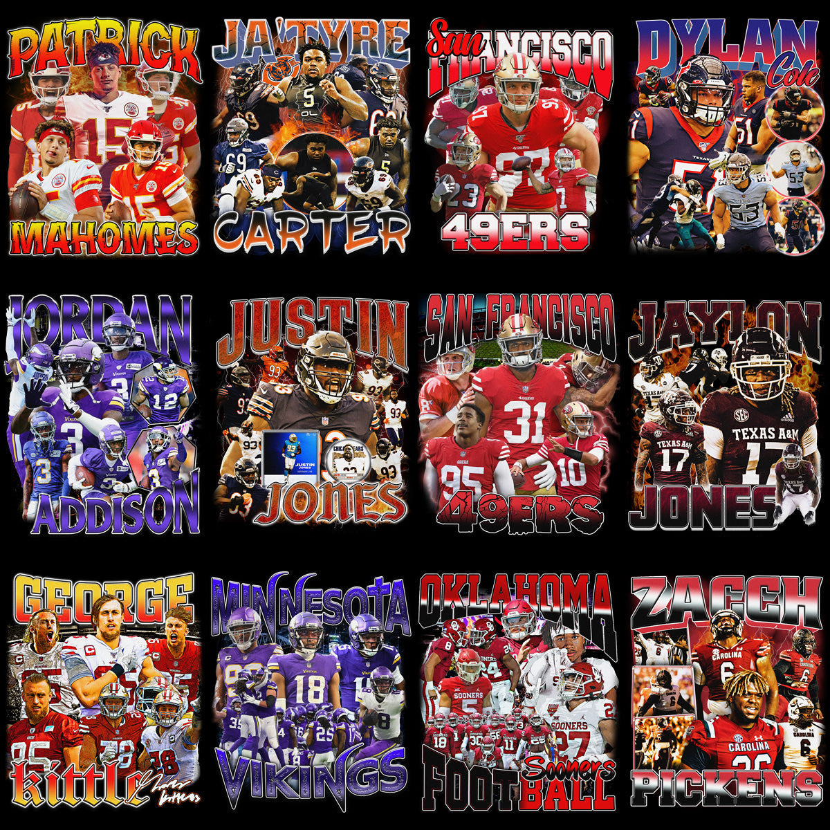41 Premium Football Bootleg Player & Team PNG Designs Bundle