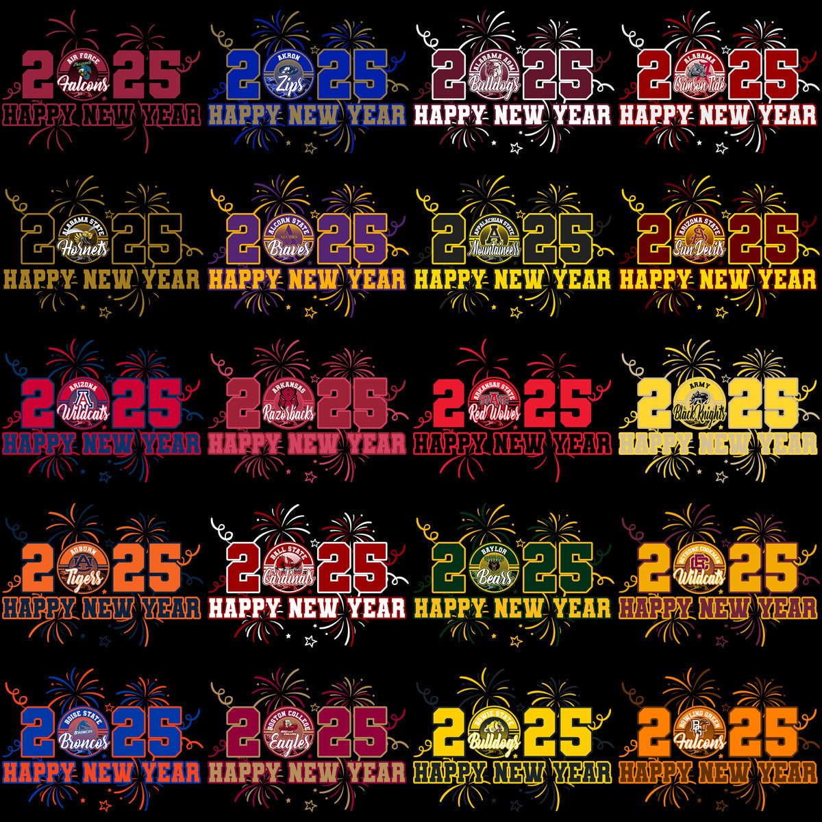 120+ NCAA College Football Team PNGs: Happy New Year 2025 Designs Bundle