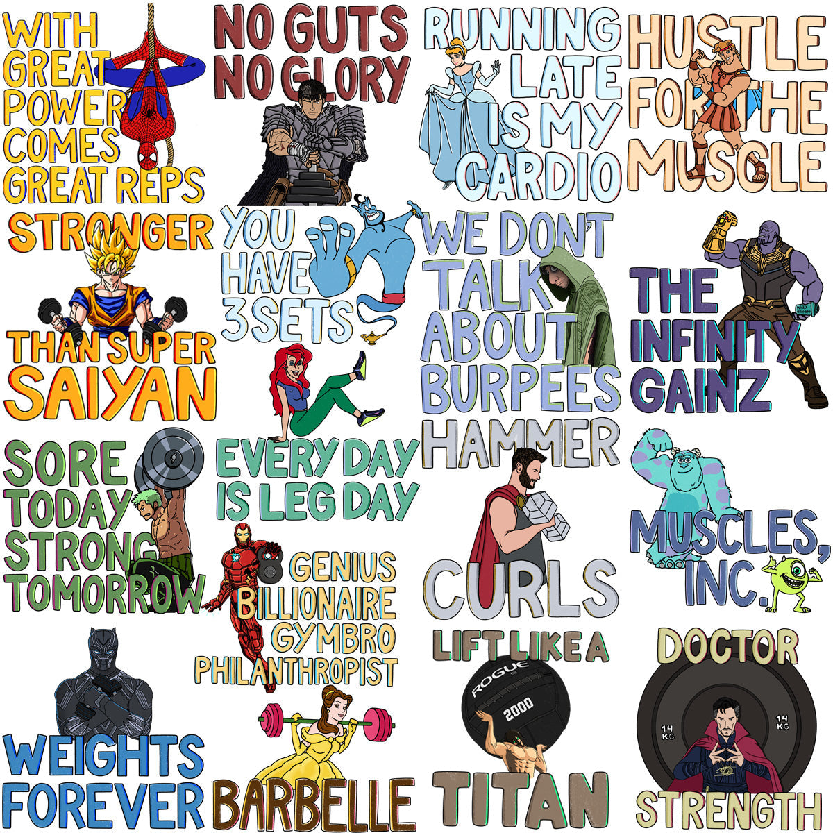 48 Gym Fitness Quotes & Pop Culture PNG Designs Bundle