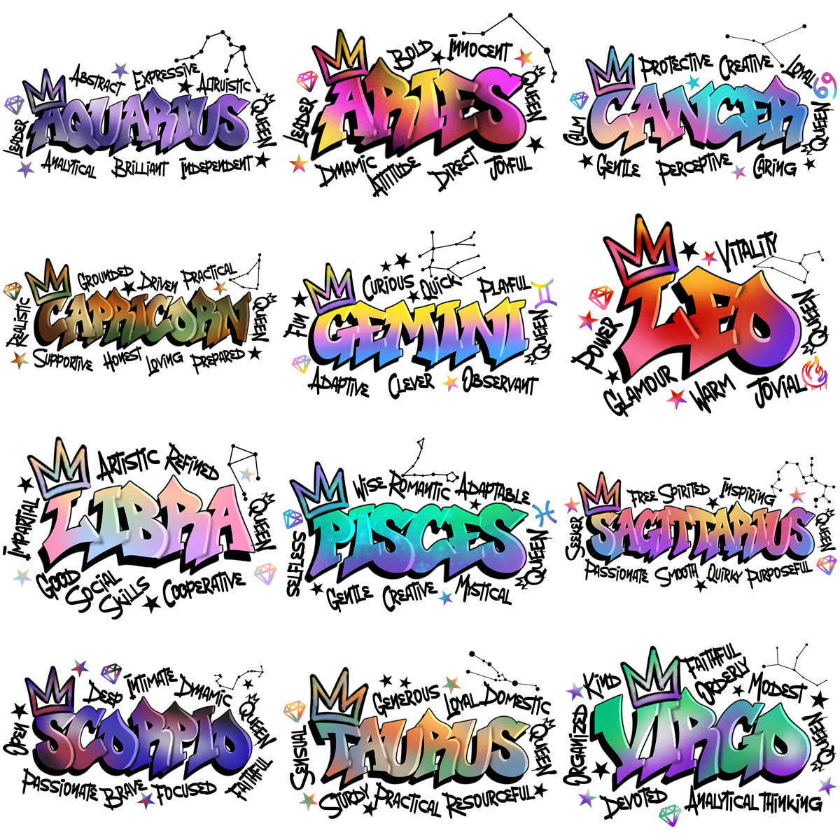 Zodiac Graffiti Designs: 12 PNG Bundle for Artists