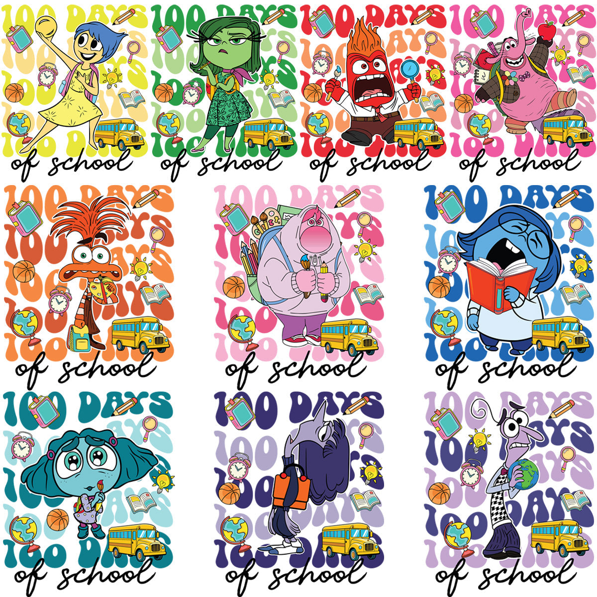 100 Days of School Inside Out PNG Designs Bundle (10 Cartoon Designs)