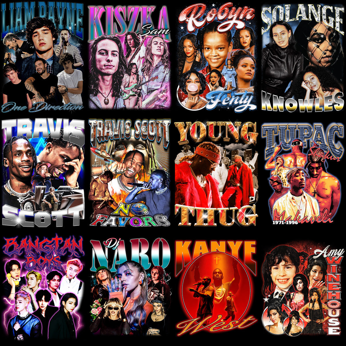 23 Music Artist PNG Bootleg Designs Bundle: High-Quality V6