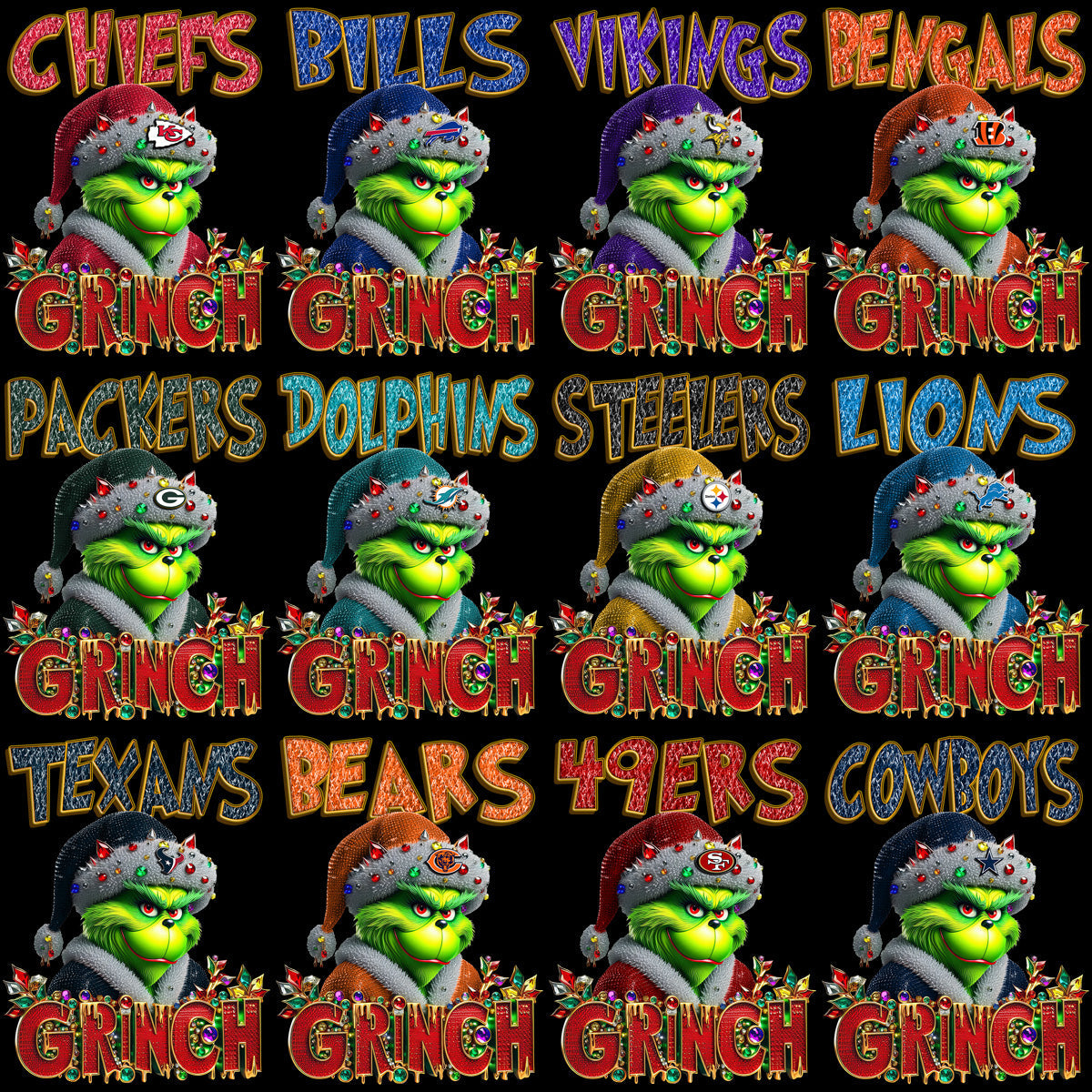 32 Grinchmas Football Team PNG Designs: Christmas Bundle for Coaches & Fans