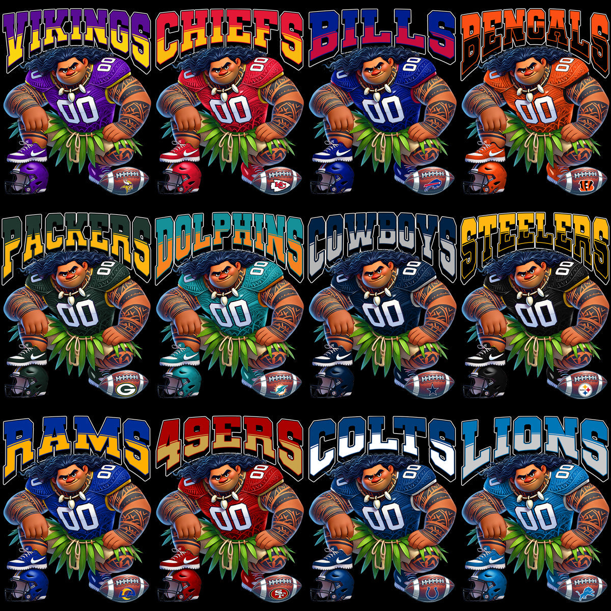32 Cartoon Moana & Maui Football Teams: PNG Bundle for Designs