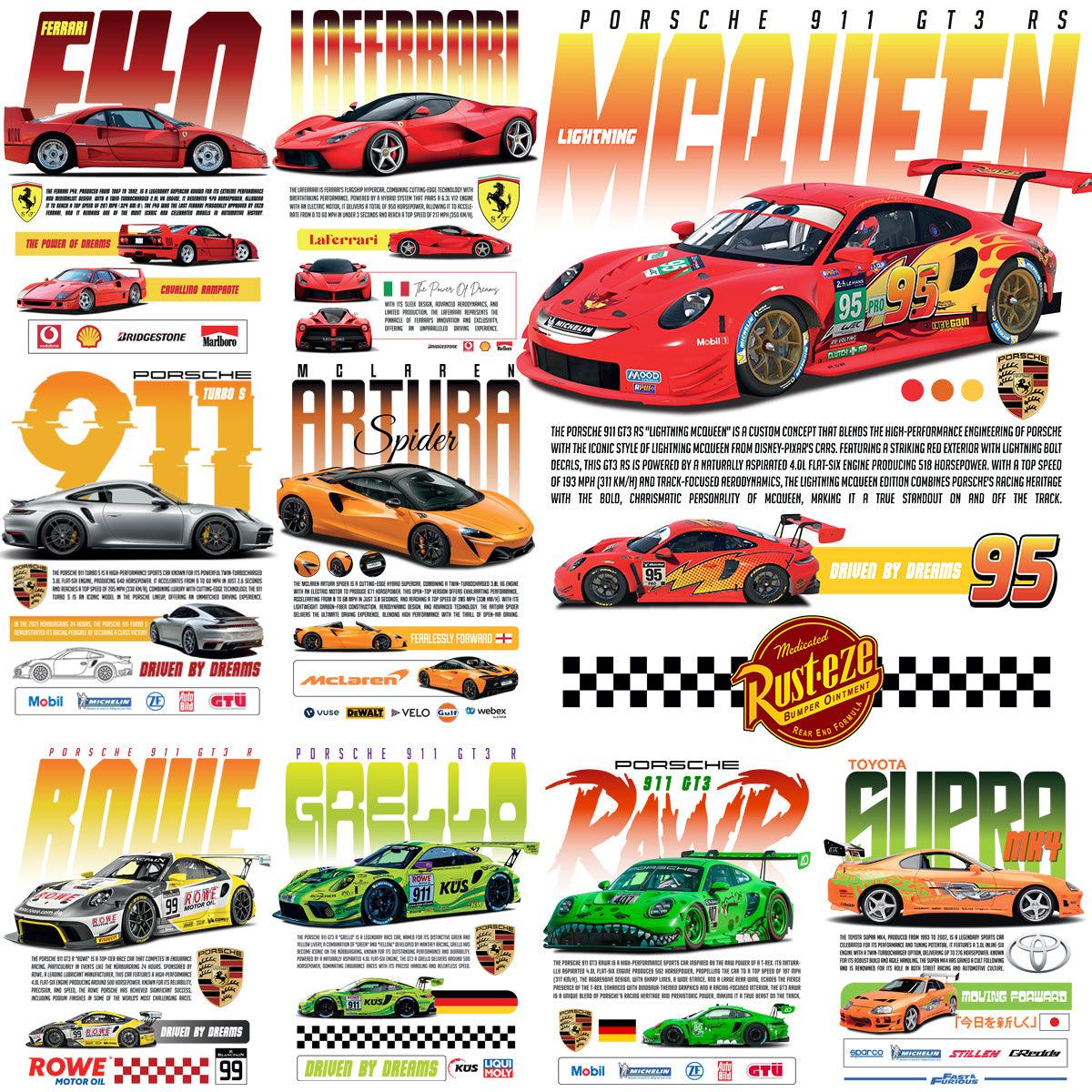 9 Sport Car Streetwear Designs: PNG & PDF Bundle