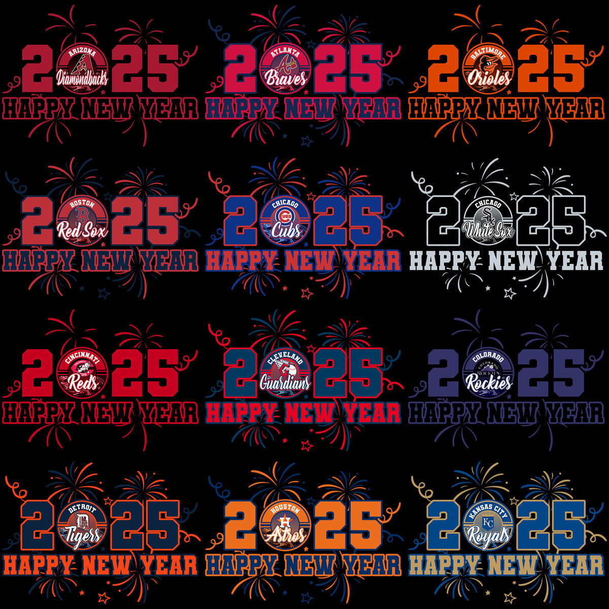 Happy New Year 2025: 30 Baseball Team PNG Designs Bundle
