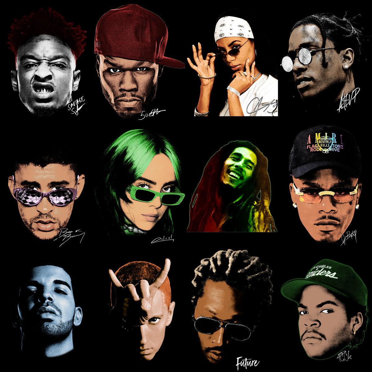Hip Hop Rap Legends: 48 Big Head PNG Face Signature Designs Bundle