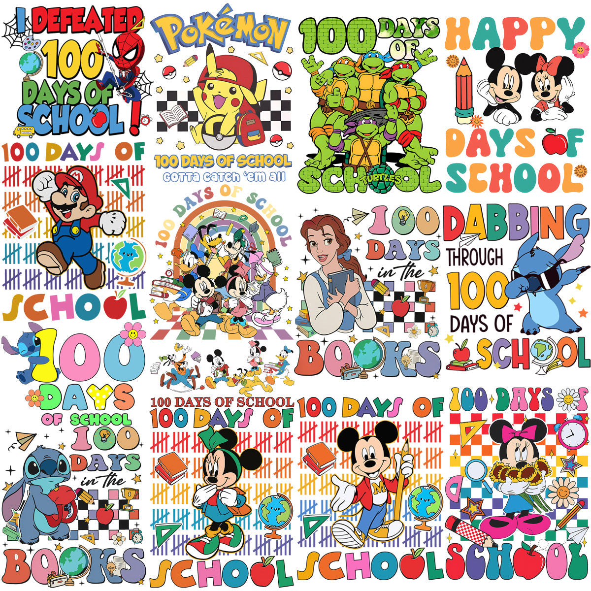 100 Days of School: 50 Cartoon PNG Designs Bundle