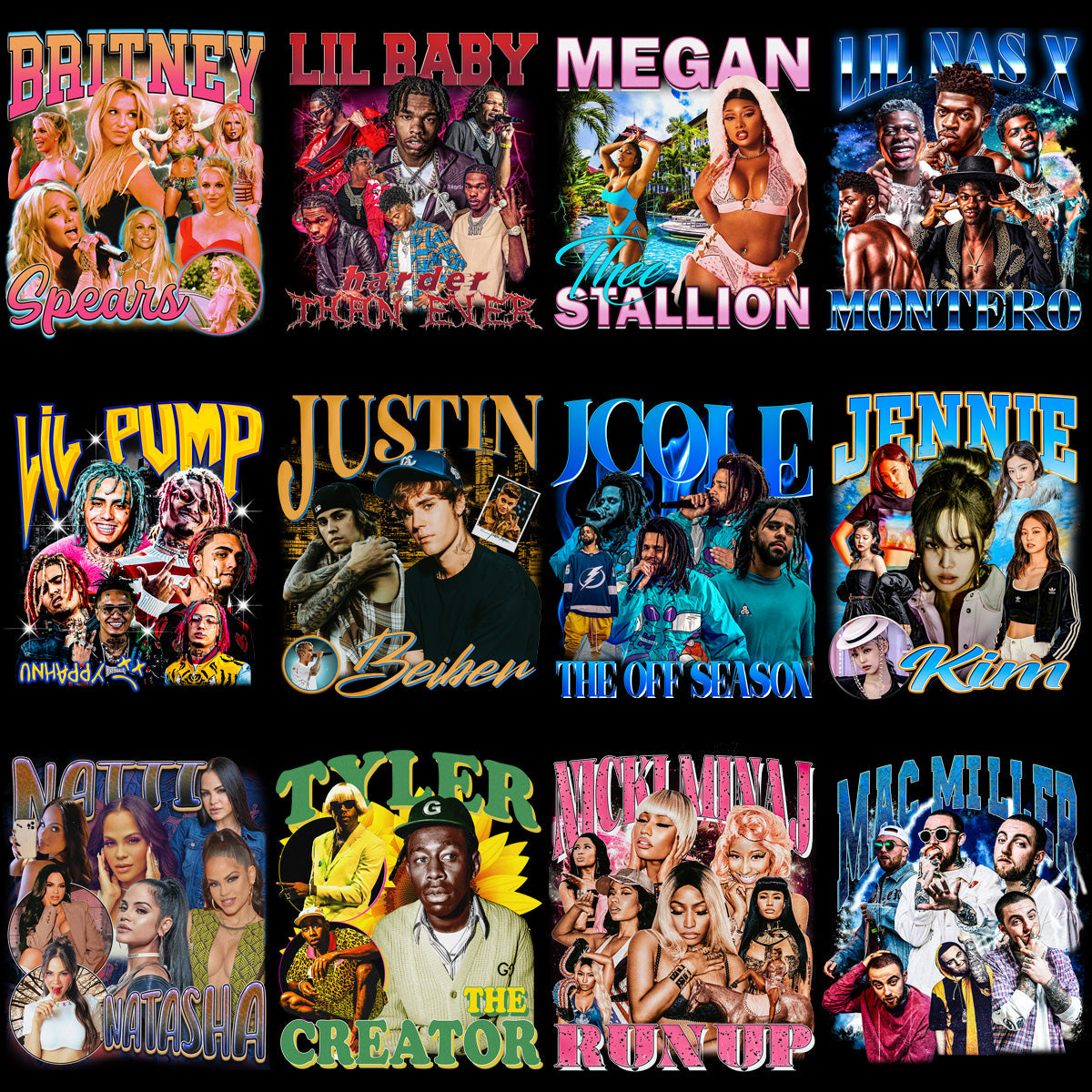 Vintage Bootleg Music Artist Designs: 40 PNGs - V1 Bundle