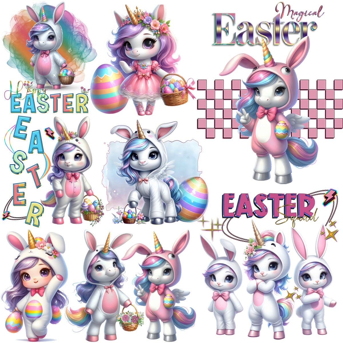 Cartoon Easter Unicorn PNG Bundle: 9 Adorable Designs