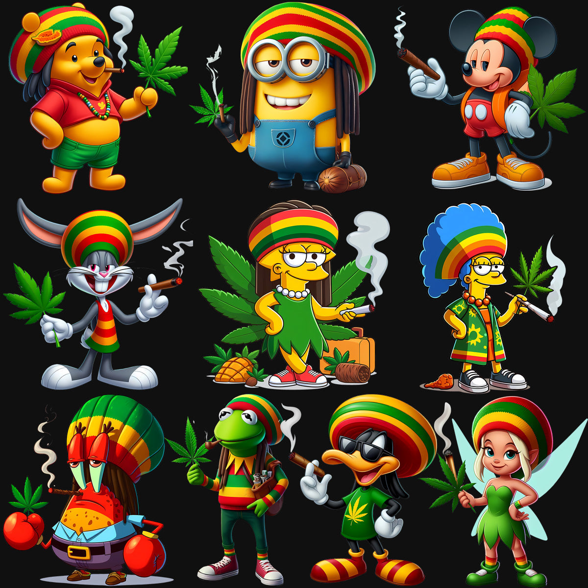 420 Cannabis PNG Bundle: 20 Weed Cartoons & Rasta Designs