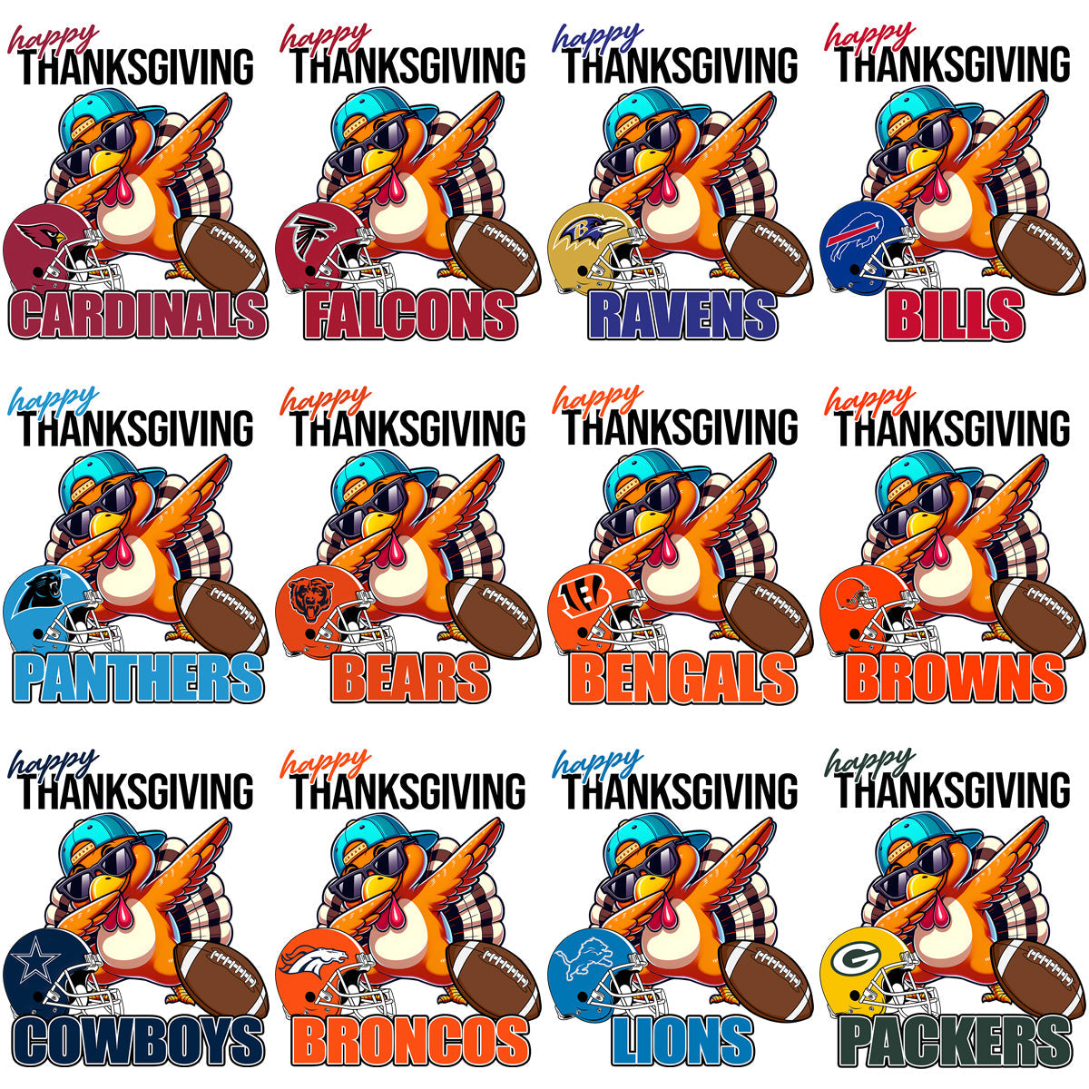 Thanksgiving Dabbing Turkey Football Team PNG Bundle: 32 Designs