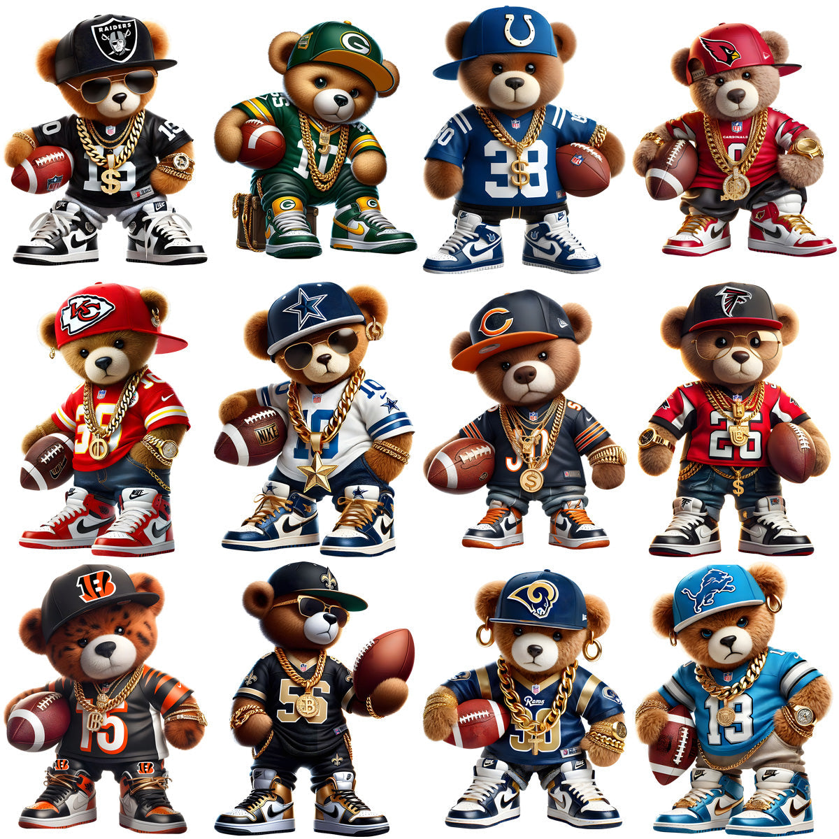 32 NFL Team Teddy Bear PNG Bundle: Cute Mascot Designs for Crafts & More