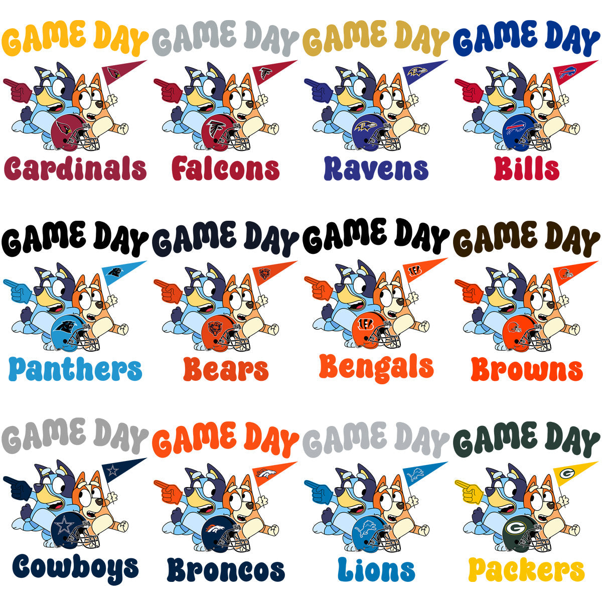 Bluey Bingo Helmets: 32 Cartoon Football Team PNG Designs Bundle
