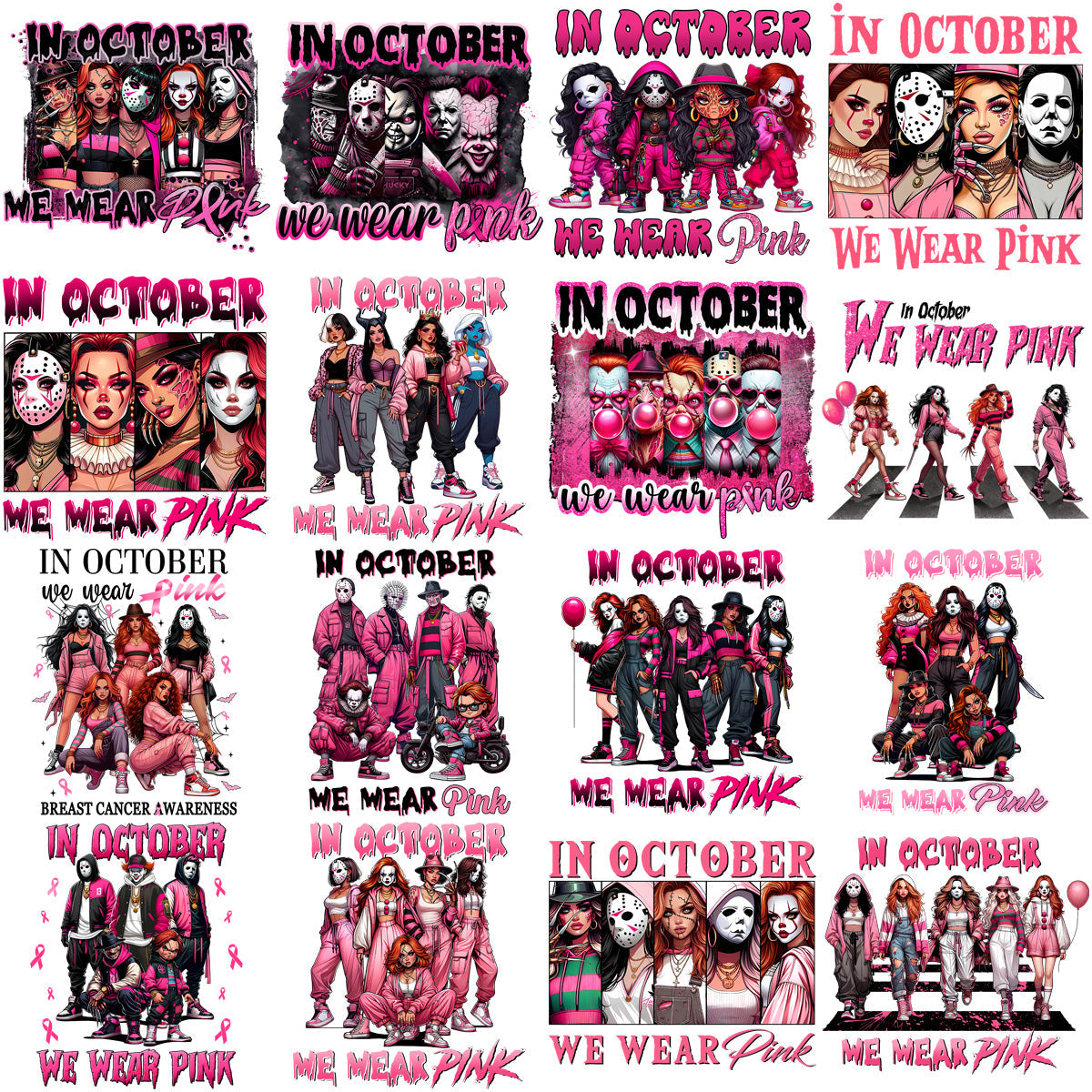Halloween & Breast Cancer Awareness Horror PNG Bundle: 15 Pink Designs