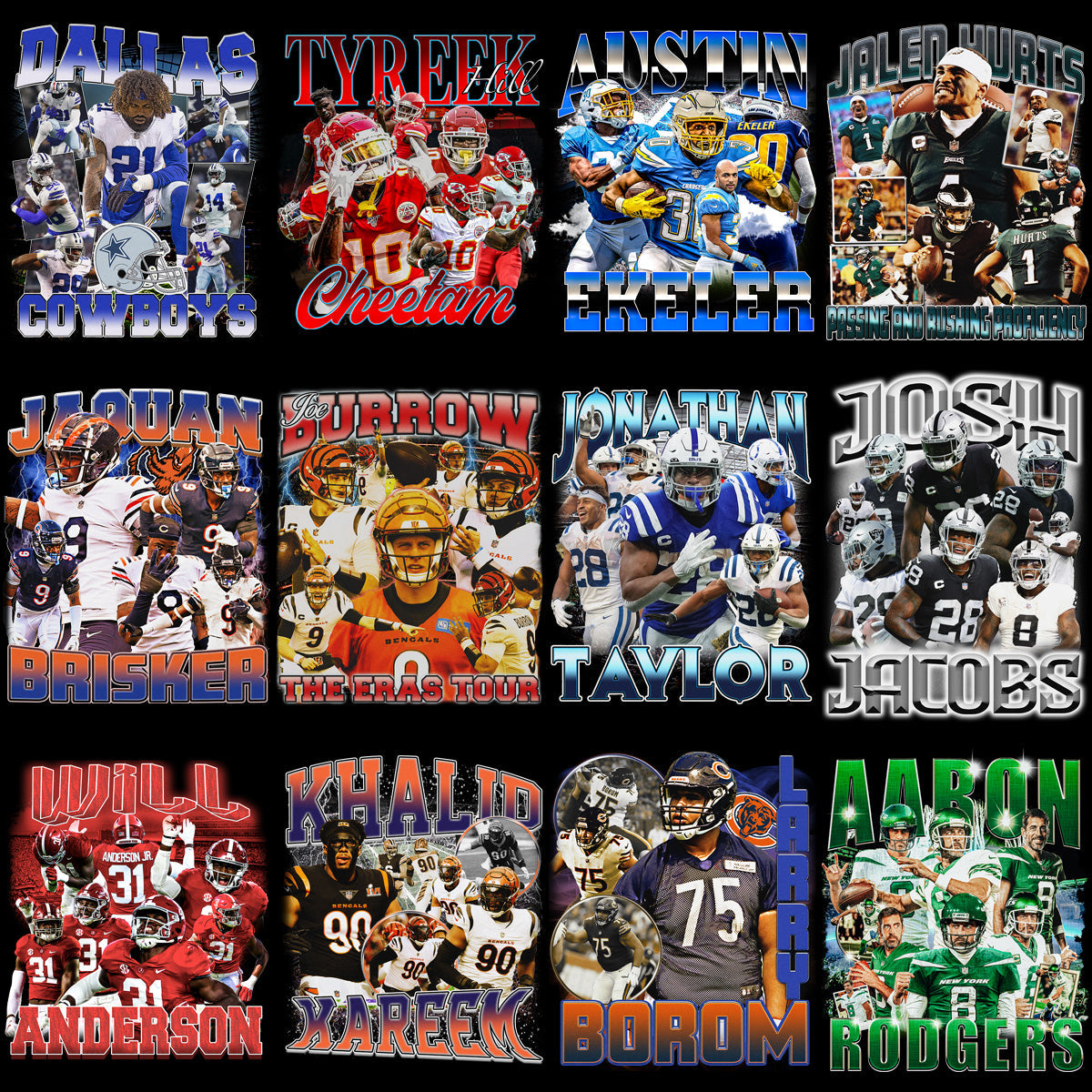 Vintage Football Bootleg Player Designs: 40 PNGs Bundle