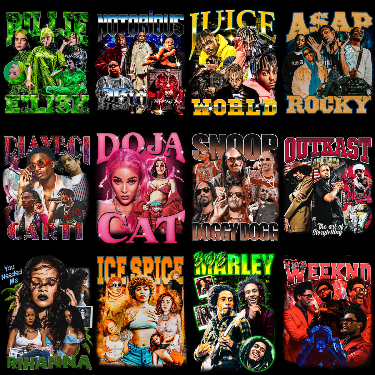 Vintage Music Artists Bootleg Designs PNG Bundle (40+ Designs)