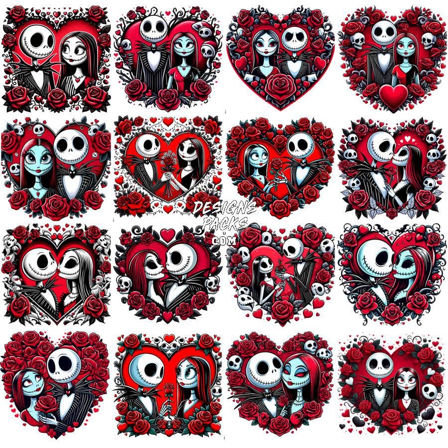 Jack & Sally Valentine's Day & Halloween PNG Bundle: 16 Flower Heart Designs