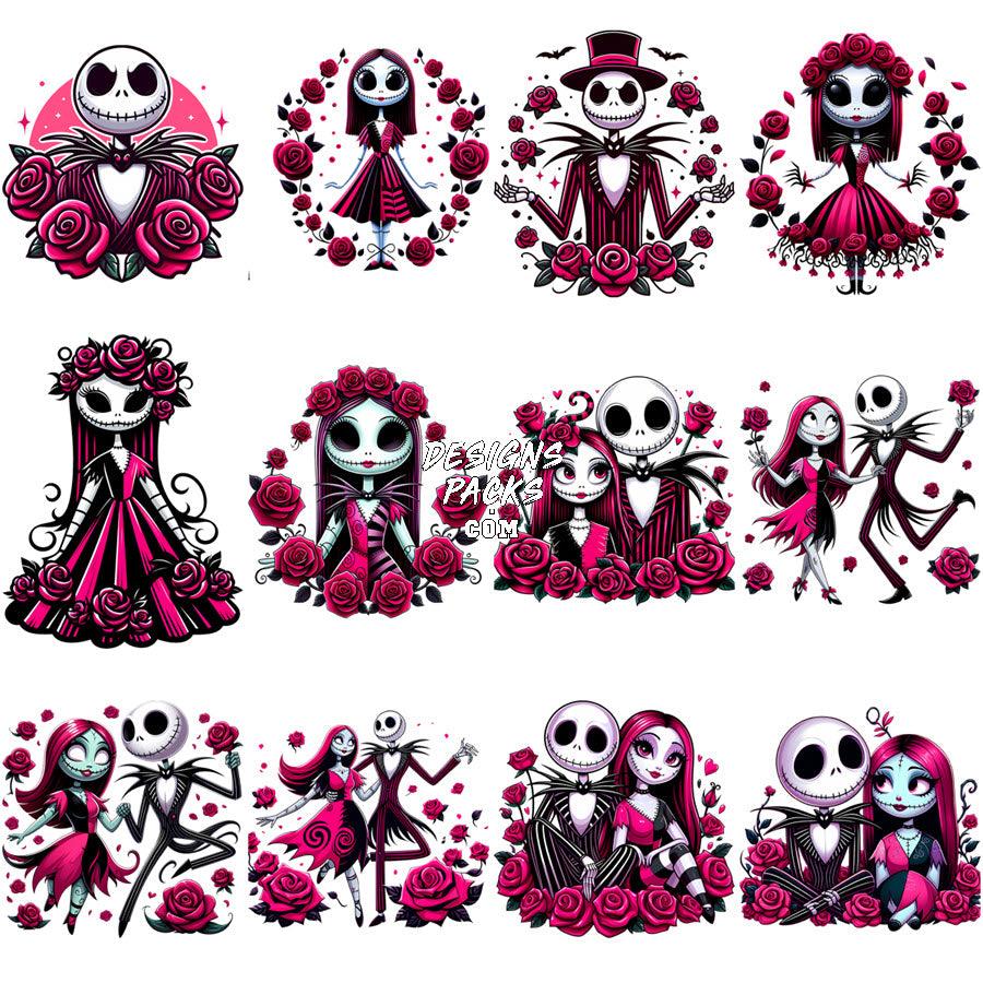 21 Jack & Sally Halloween PNG Valentine's Flowers Bundle - Digital Designs