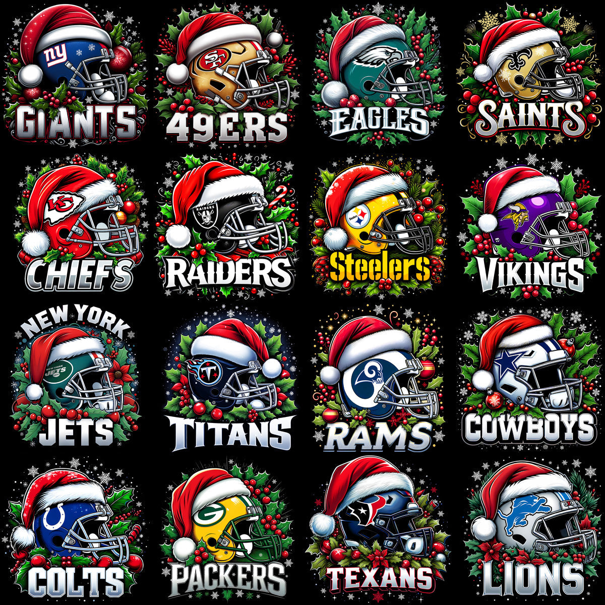 32 Christmas Football Helmet Designs PNG Bundle: Festive Team Graphics