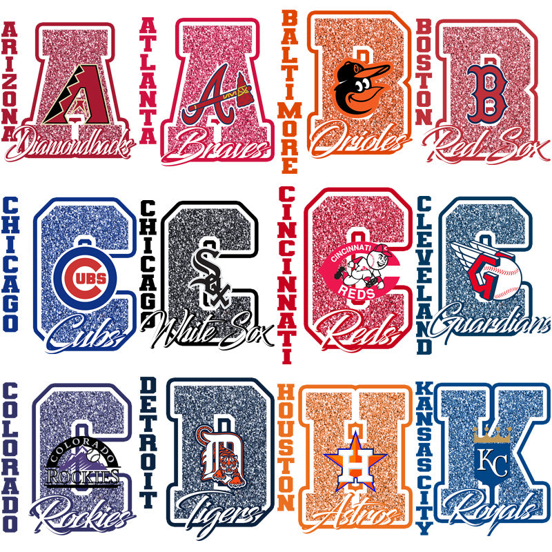 30 MLB Team Glitter Baseball Letter PNGs:  Instant Download Bundle