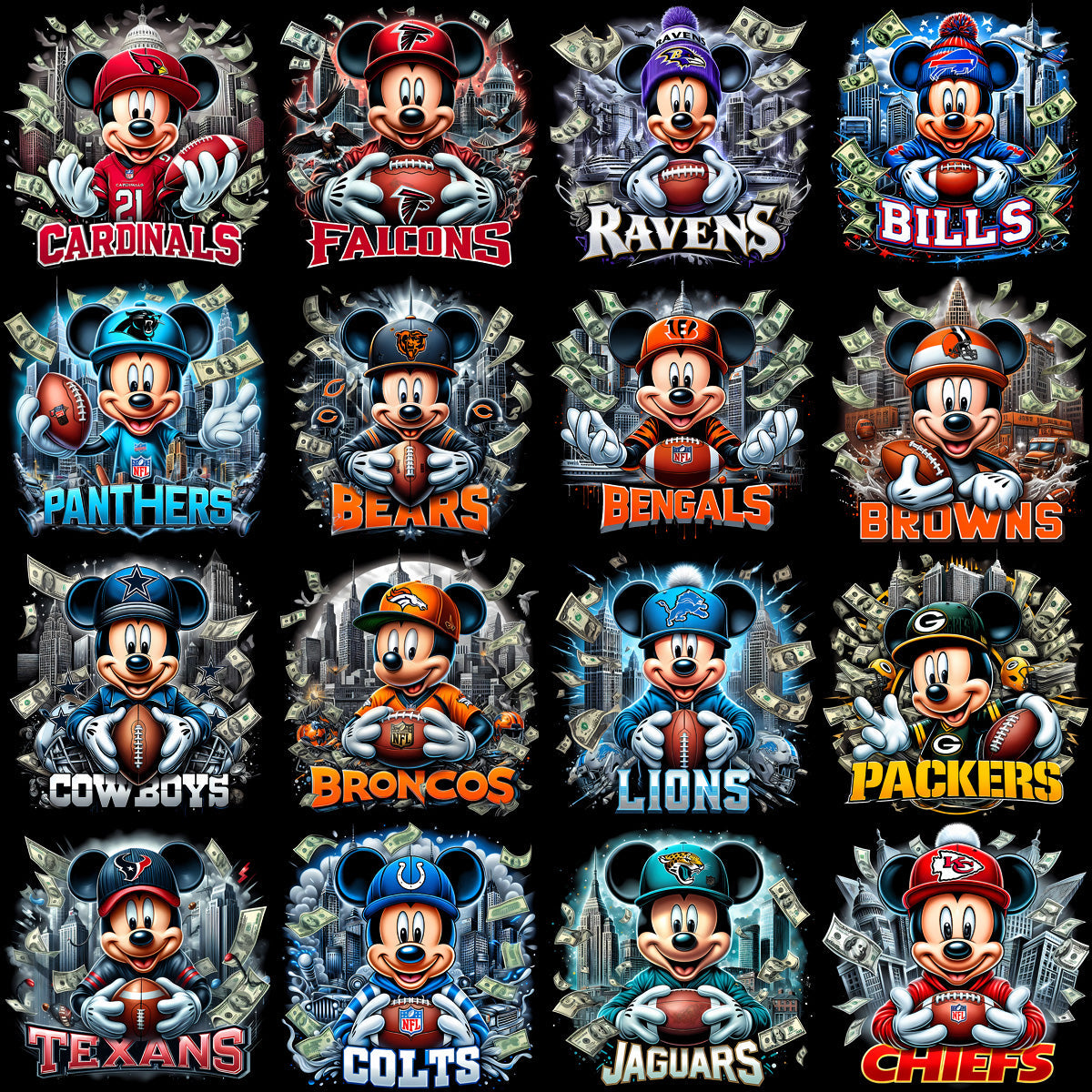 32 Cartoon Mickey Mouse Football Team Logos: PNG Bundle for Designers