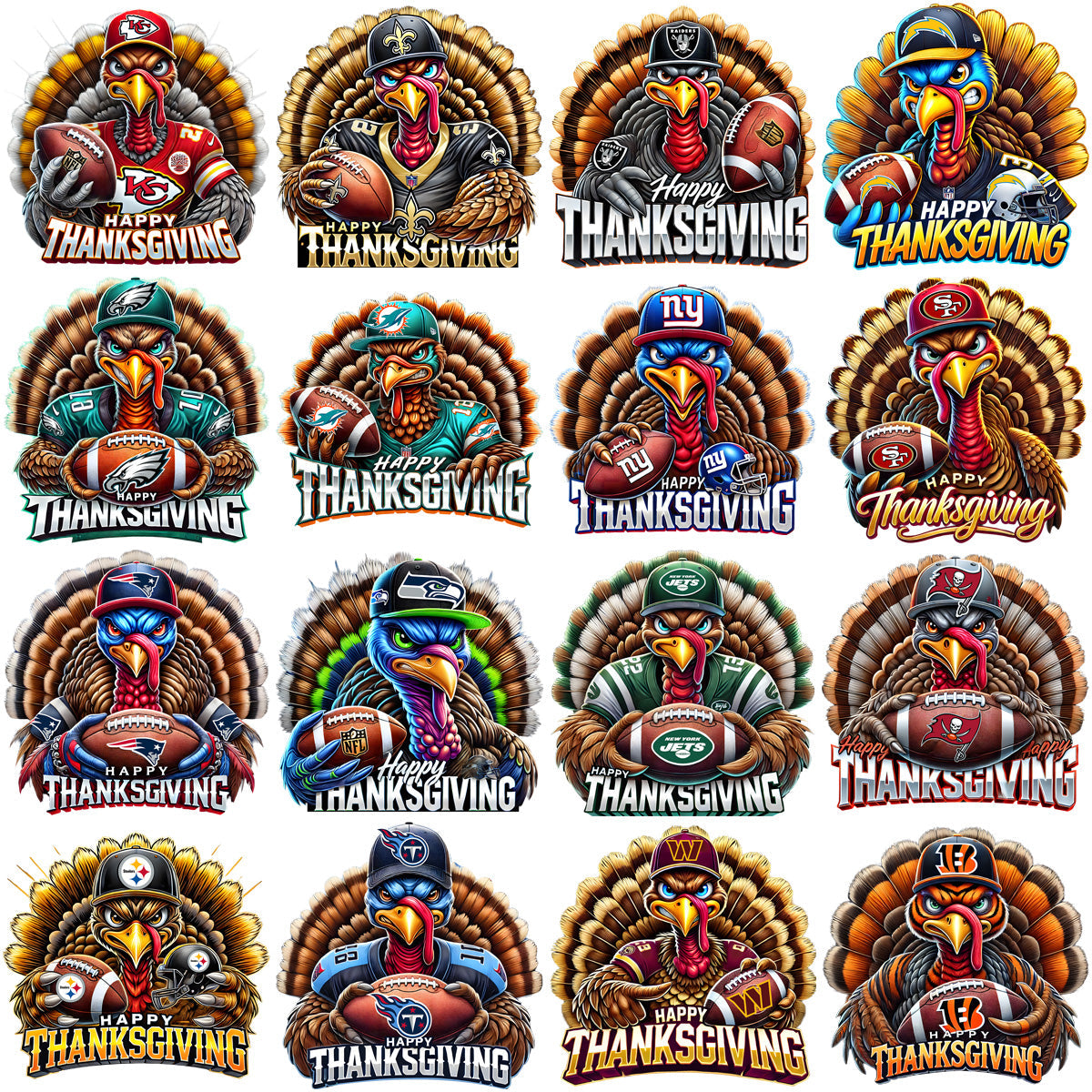 Thanksgiving Turkey Football Team PNG Bundle: 32 Designs