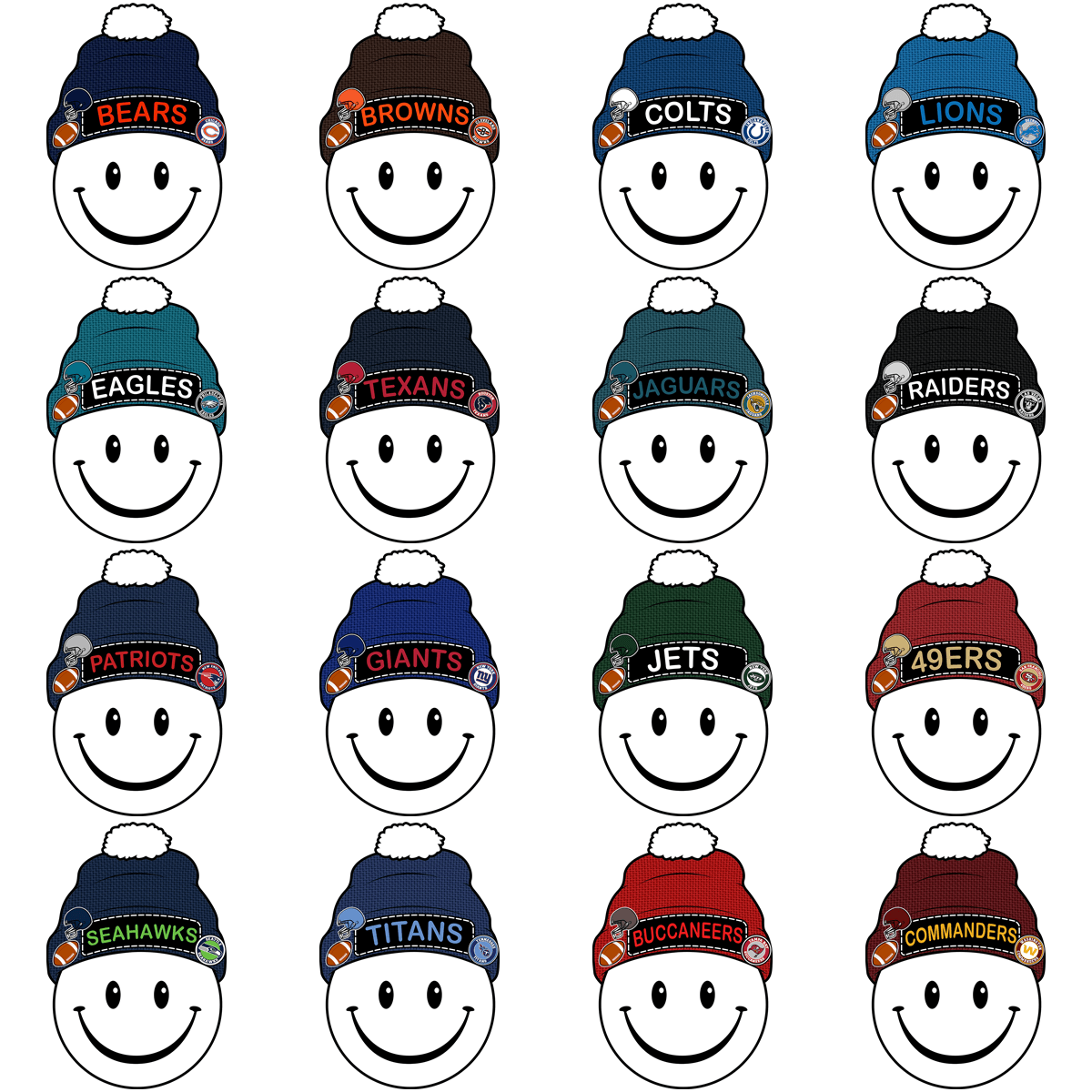 32 NFL Team Smiley Beanie PNG Designs Bundle: Instant Download