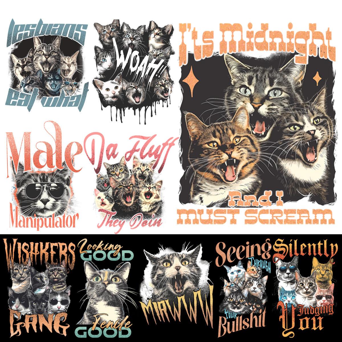 90s Retro Cat Designs Bundle: 9 Funny Bootleg PNGs