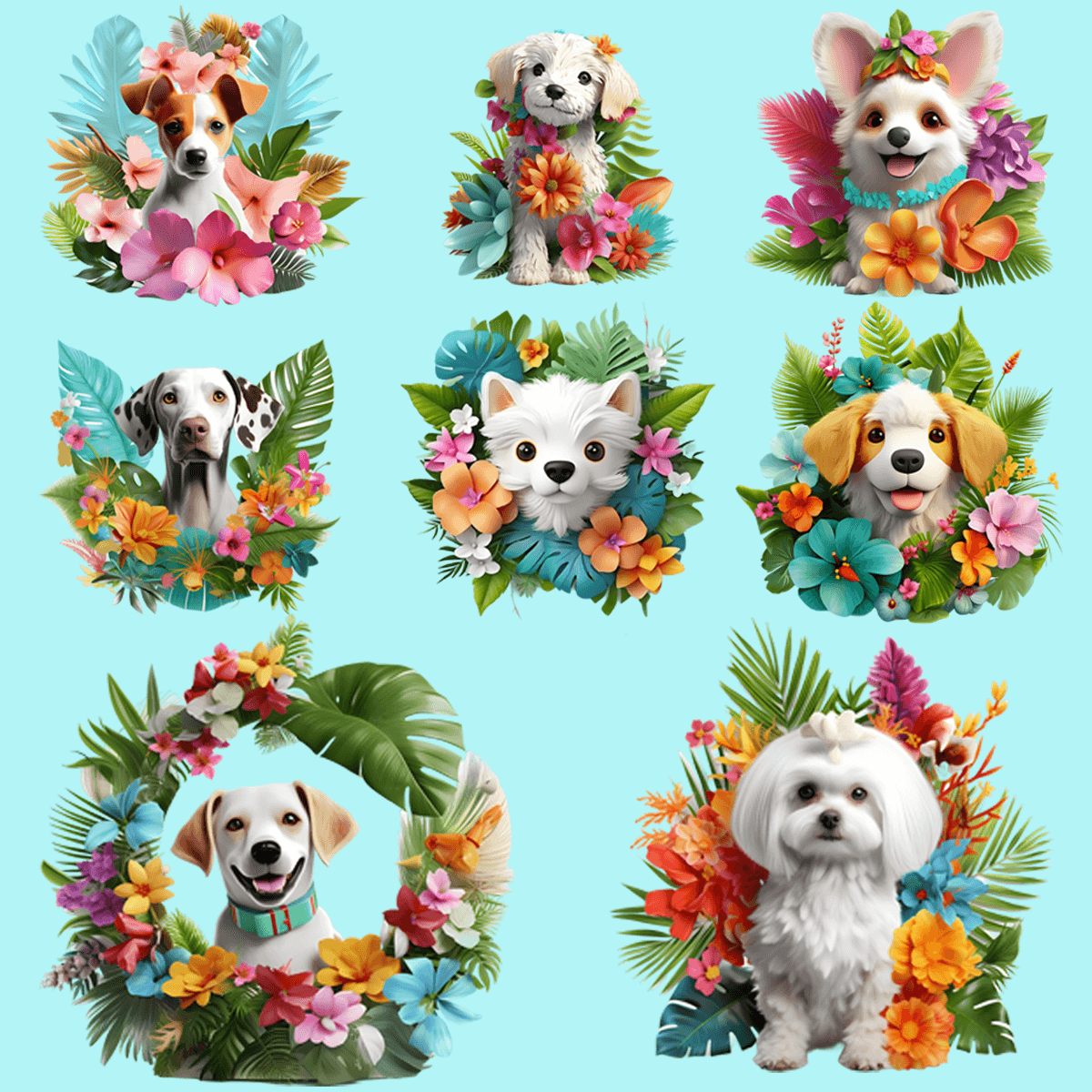7 Adorable 3D Summer Floral Dog PNG Designs Bundle