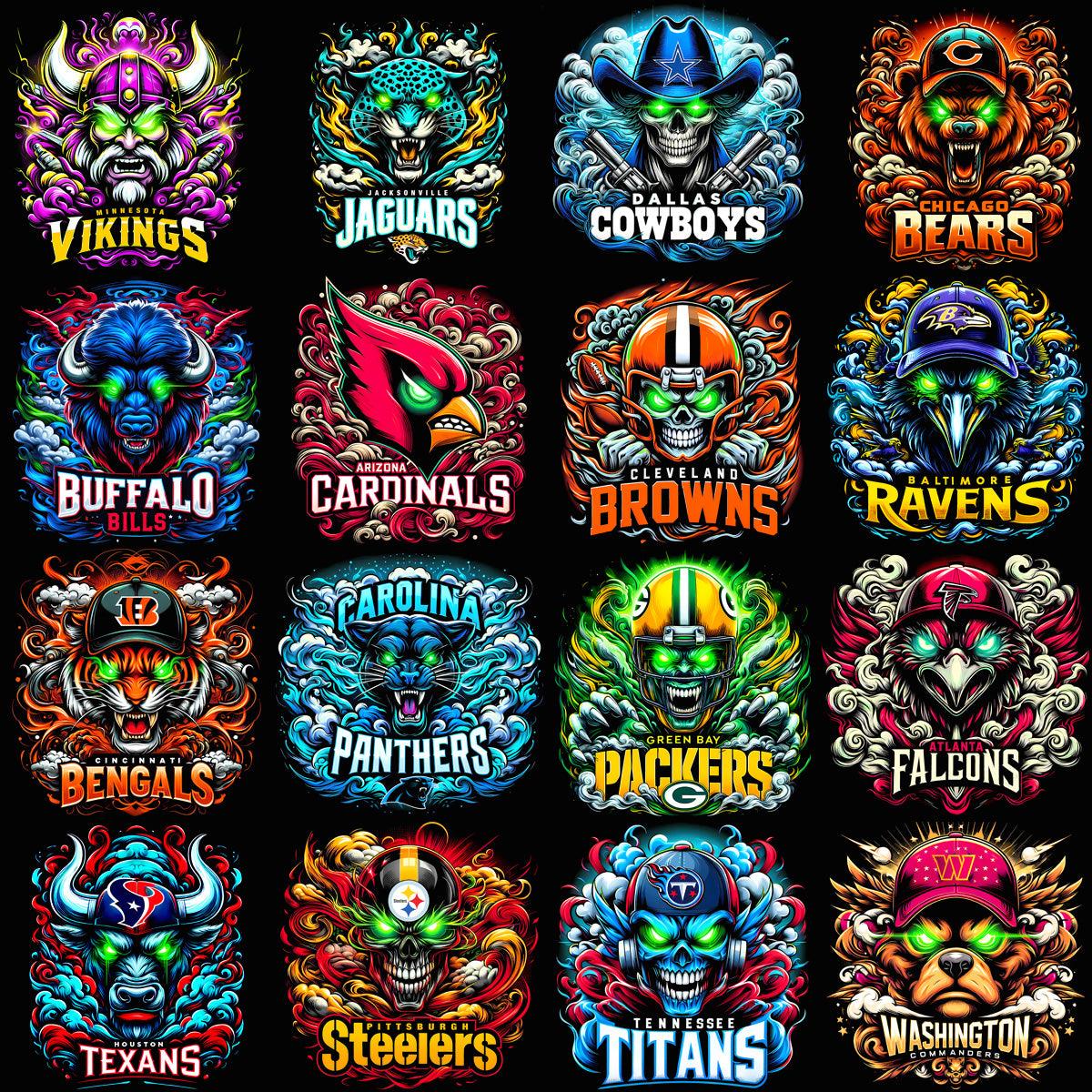 32 NFL Mascot Laser Eyes Smoke PNG Designs Bundle