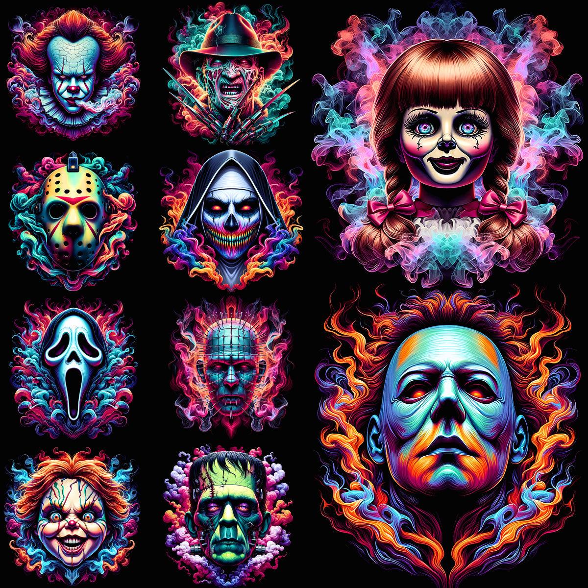 Halloween Horror Movie Slashers: 10 Halftone PNG Designs Bundle