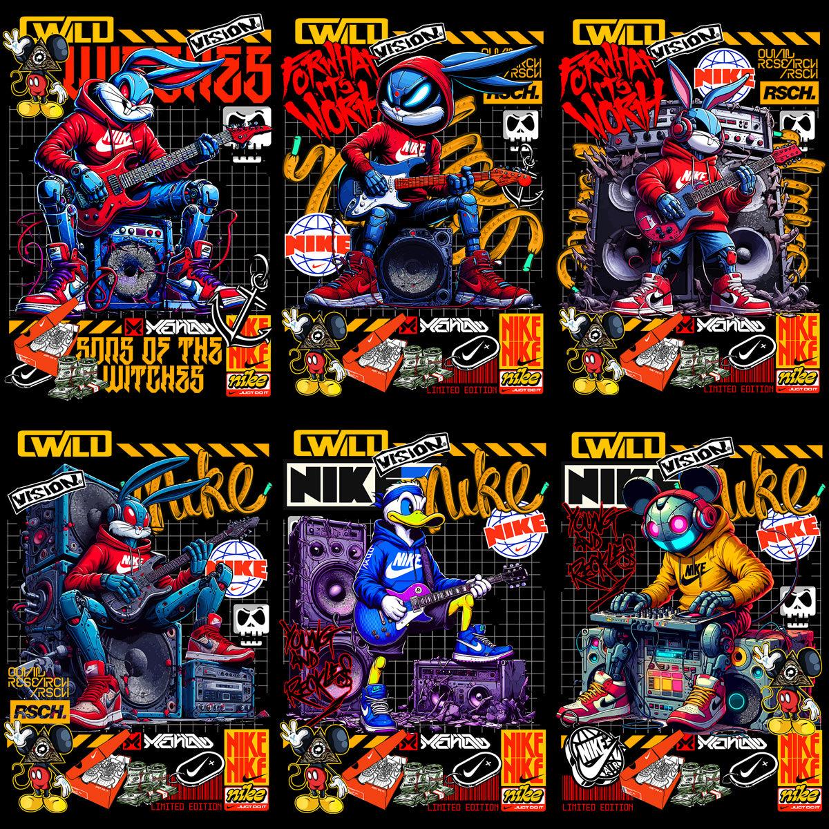 12 Brand Swoosh Cartoon Streetwear Designs: PNG & PSD Bundle