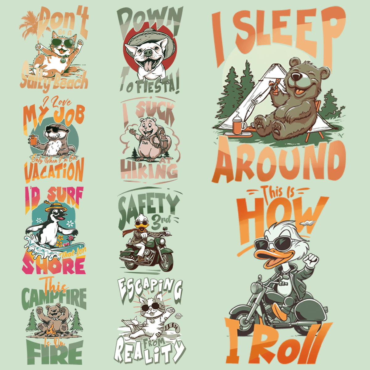 9 Adorable Animal Vacation PNG Designs Bundle: Perfect for Crafts & Prints