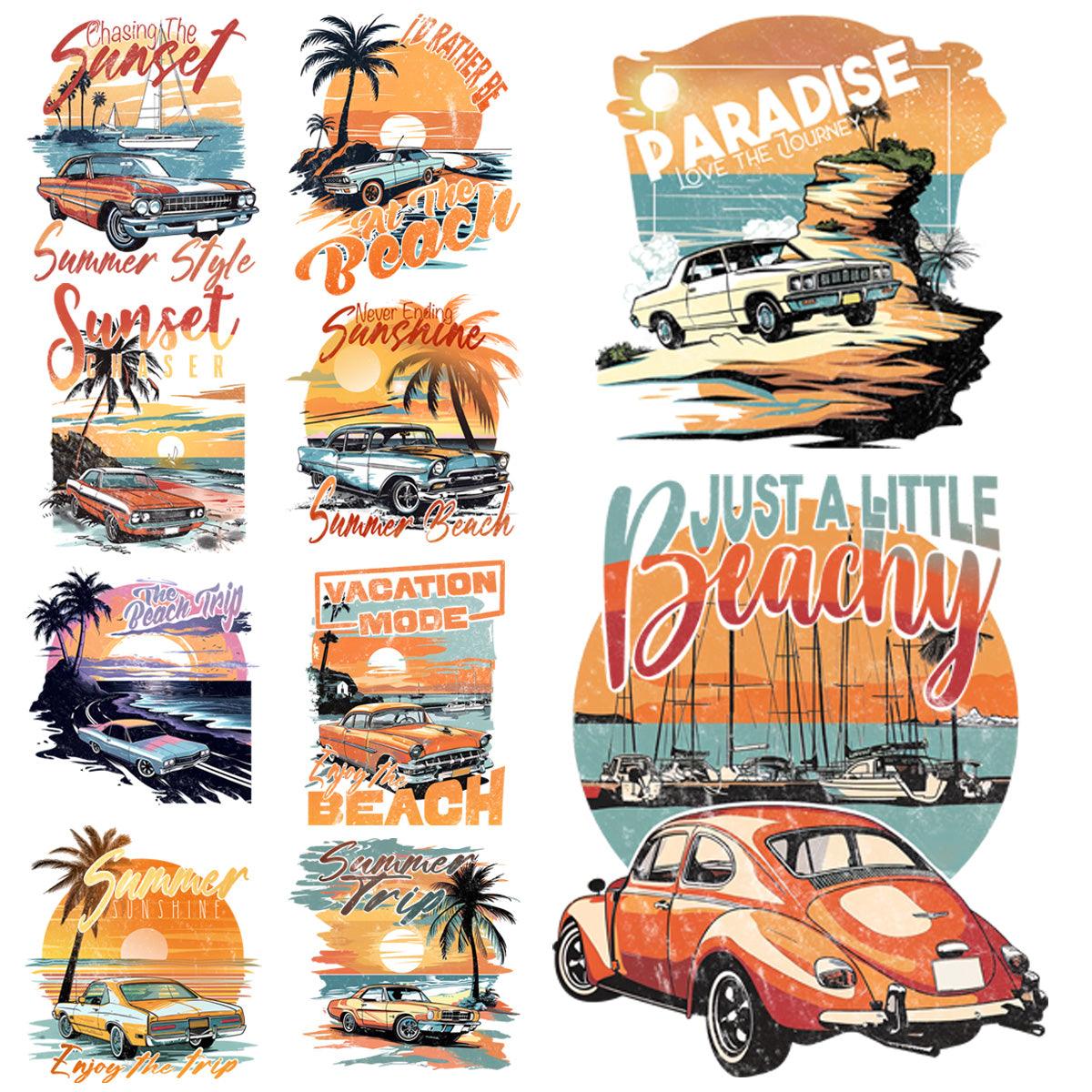 9 Classic Car Beach Ride PNG Designs: Bundle for Designers