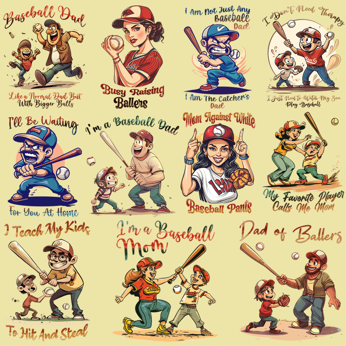 Funny Baseball Mom & Dad PNG Bundle: 10 Hilarious Designs