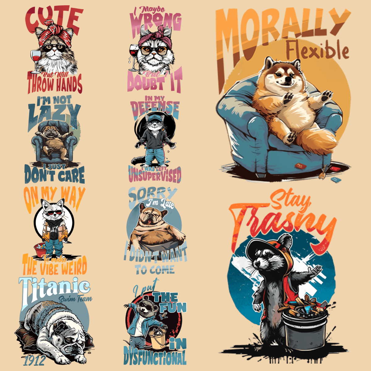 Sarcastic Animal PNG Bundle: 9 Hilarious Designs for Your Projects