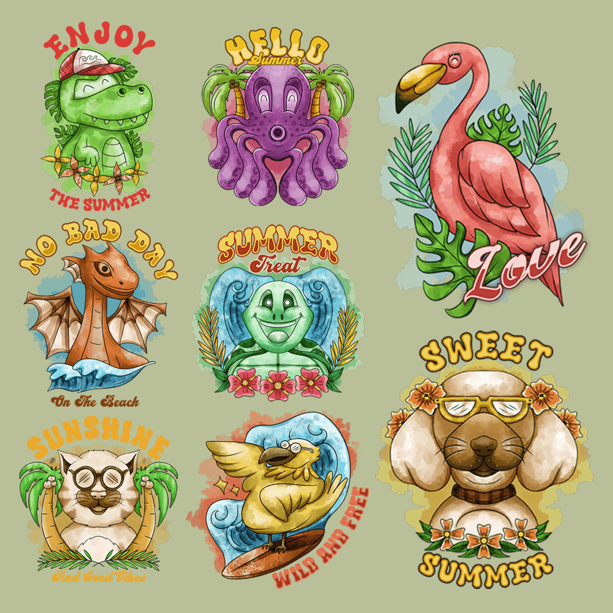 7 Watercolor Summer Animal PNG Designs Bundle: Instant Download