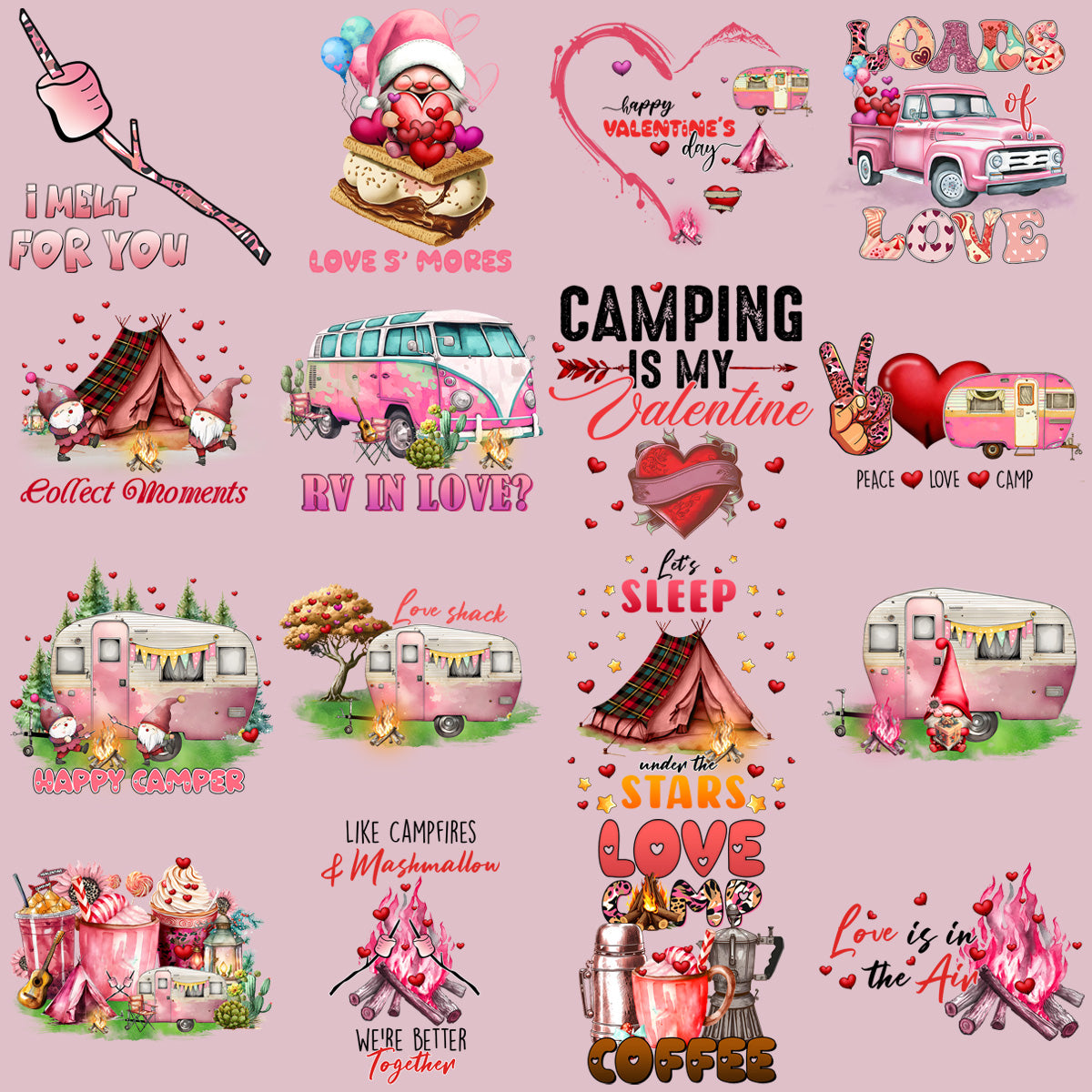 Romantic Camping Valentine's Day PNG Bundle: 19 Designs