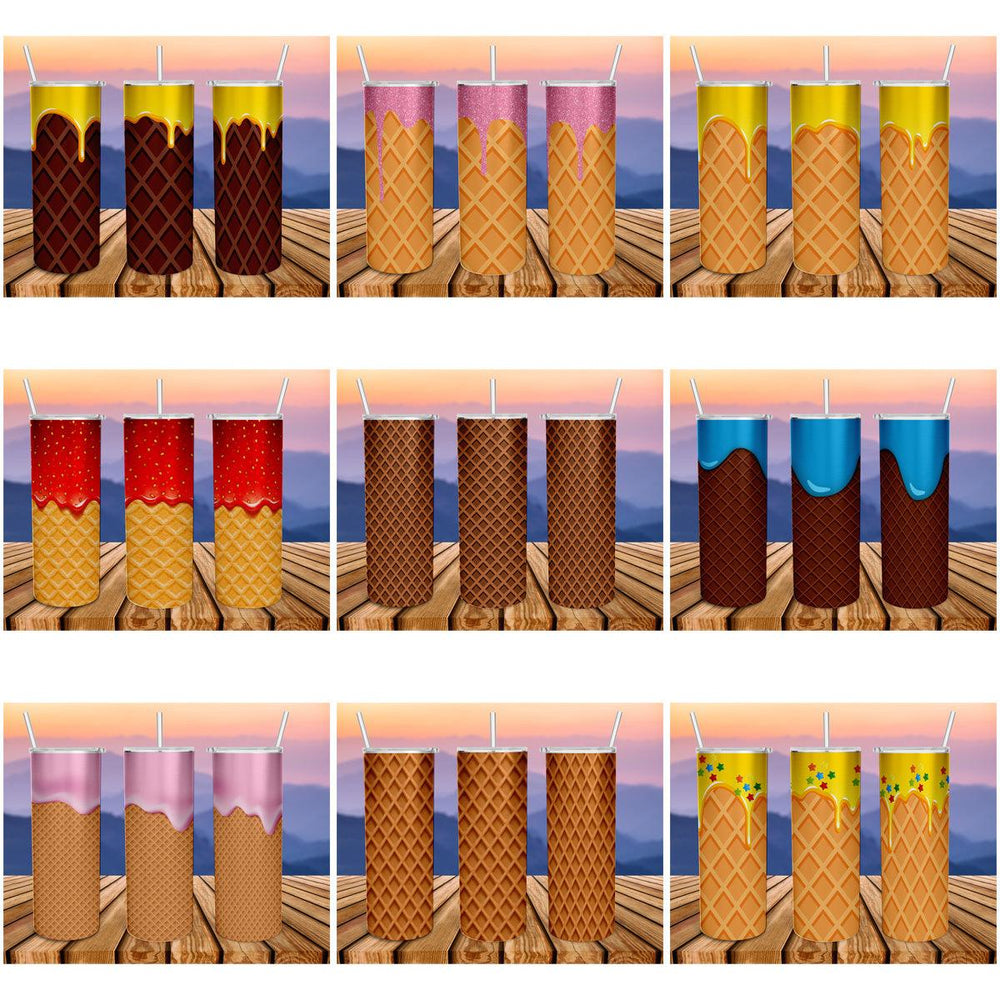12 Cone Wafer Ice Cream Tumbler Wrap Designs: JPG Bundle for Printable Crafts
