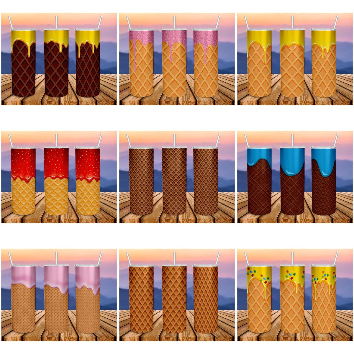 12 Cone Wafer Ice Cream Tumbler Wrap Designs: JPG Bundle for Printable Crafts
